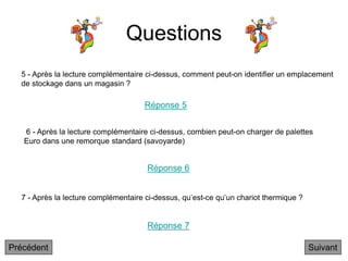 Questions
6 - Après la lecture complémentaire ci-dessus, combien peut-on charger de palettes
Euro dans une remorque standard (savoyarde)
5 - Après la lecture complémentaire ci-dessus, comment peut-on identifier un emplacement
de stockage dans un magasin ?
7 - Après la lecture complémentaire ci-dessus, qu’est-ce qu’un chariot thermique ?
Réponse 5
Réponse 6
Réponse 7
Suivant
Précédent
 