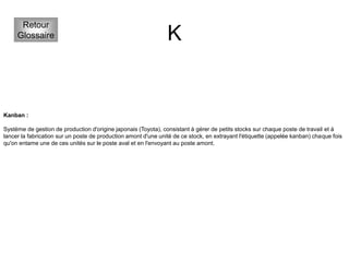 K
Retour
Glossaire
Kanban :
Système de gestion de production d'origine japonais (Toyota), consistant à gérer de petits stocks sur chaque poste de travail et à
lancer la fabrication sur un poste de production amont d'une unité de ce stock, en extrayant l'étiquette (appelée kanban) chaque fois
qu'on entame une de ces unités sur le poste aval et en l'envoyant au poste amont.
 