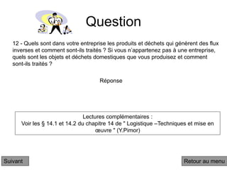 Question
12 - Quels sont dans votre entreprise les produits et déchets qui génèrent des flux
inverses et comment sont-ils traités ? Si vous n’appartenez pas à une entreprise,
quels sont les objets et déchets domestiques que vous produisez et comment
sont-ils traités ?
Réponse
Lectures complémentaires :
Voir les § 14.1 et 14.2 du chapitre 14 de " Logistique –Techniques et mise en
œuvre " (Y.Pimor)
Suivant Retour au menu
 