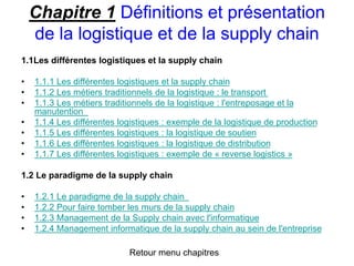 Chapitre 1 Définitions et présentation
de la logistique et de la supply chain
1.1Les différentes logistiques et la supply chain
• 1.1.1 Les différentes logistiques et la supply chain
• 1.1.2 Les métiers traditionnels de la logistique : le transport
• 1.1.3 Les métiers traditionnels de la logistique : l'entreposage et la
manutention
• 1.1.4 Les différentes logistiques : exemple de la logistique de production
• 1.1.5 Les différentes logistiques : la logistique de soutien
• 1.1.6 Les différentes logistiques : la logistique de distribution
• 1.1.7 Les différentes logistiques : exemple de « reverse logistics »
1.2 Le paradigme de la supply chain
• 1.2.1 Le paradigme de la supply chain
• 1.2.2 Pour faire tomber les murs de la supply chain
• 1.2.3 Management de la Supply chain avec l'informatique
• 1.2.4 Management informatique de la supply chain au sein de l'entreprise
Retour menu chapitres
 