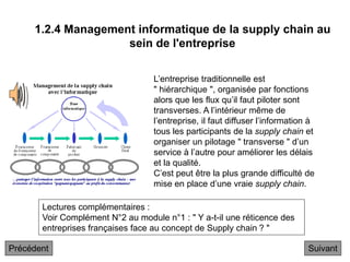 1.2.4 Management informatique de la supply chain au
sein de l'entreprise
Suivant
L’entreprise traditionnelle est
" hiérarchique ", organisée par fonctions
alors que les flux qu’il faut piloter sont
transverses. A l’intérieur même de
l’entreprise, il faut diffuser l’information à
tous les participants de la supply chain et
organiser un pilotage " transverse " d’un
service à l’autre pour améliorer les délais
et la qualité.
C’est peut être la plus grande difficulté de
mise en place d’une vraie supply chain.
Lectures complémentaires :
Voir Complément N°2 au module n°1 : " Y a-t-il une réticence des
entreprises françaises face au concept de Supply chain ? "
Précédent
 