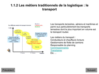 1.1.2 Les métiers traditionnels de la logistique : le
transport
Suivant
Les transports terrestres, aériens et maritimes et
parmi eux particulièrement les transports
terrestres dont le plus important en volume est
le transport routier.
Les métiers du transport :
Conducteurs et chauffeurs livreurs
Gestionnaire de flotte de camions
Responsable du planning
Commissionnaires
Transitaires
Etc …
Précédent
 