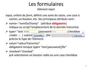 Les formulaires 
élément input 
input, enfant de form, définit une zone de saisie, une case à 
cocher, un bouton, etc. Ses principaux attributs sont : 
 name= "nomDuChamp" (attribut obligatoire) 
indique au script l’emplacement de la donnée transmise 
 type= "text |password |checkbox 
|radio | submit |file " 
précise le type de l’élément. 
 value="valeurTransmise" 
obligatoire lorsque type≠ "text|password|file" 
 checked="checked" 
pré-selectionne un bouton radio ou une case checkbox 
32 
 