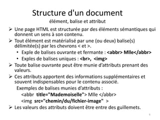 Structure d'un document 
élément, balise et attribut 
 Une page HTML est structurée par des éléments sémantiques qui 
donnent un sens à son contenu. 
 Tout élément est matérialisé par une (ou deux) balise(s) 
délimitée(s) par les chevrons < et >. 
• Exple de balises ouvrante et fermante : <abbr> Mlle</abbr> 
• Exples de balises uniques : <br>, <img> 
 Toute balise ouvrante peut être munie d’attributs prenant des 
valeurs. 
 Ces attributs apportent des informations supplémentaires et 
souvent indispensables pour le contenu associé. 
Exemples de balises munies d’attributs : 
<abbr title="Mademoiselle"> Mlle </abbr> 
<img src="chemin/du/fichier-image" > 
 Les valeurs des attributs doivent être entre des guillemets. 
6 
 