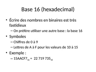 Base 16 (hexadecimal)
• Écrire des nombres en binaires est très
fastidieux
– On préfère utiliser une autre base : la base 16
• Symboles
– Chiffres de 0 à 9
– Lettres de A à F pour les valeurs de 10 à 15
• Exemple :
– 15AACF716 = 22 719 73510
 