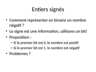 Entiers signés
• Comment représenter en binaire un nombre
négatif ?
• Le signe est une information, utilisons un bit!
• Proposition :
– Si le premier bit est 0, le nombre est positif
– Si le premier bit est 1, le nombre est négatif
• Problemes ?
 