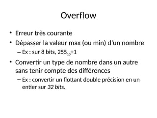 Overflow
• Erreur très courante
• Dépasser la valeur max (ou min) d’un nombre
– Ex : sur 8 bits, 25510+1
• Convertir un type de nombre dans un autre
sans tenir compte des différences
– Ex : convertir un flottant double précision en un
entier sur 32 bits.
 