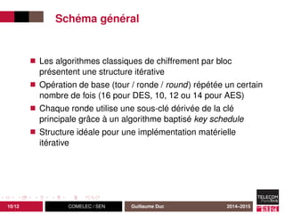 Schéma général
Les algorithmes classiques de chiffrement par bloc
présentent une structure itérative
Opération de base (tour / ronde / round) répétée un certain
nombre de fois (16 pour DES, 10, 12 ou 14 pour AES)
Chaque ronde utilise une sous-clé dérivée de la clé
principale grâce à un algorithme baptisé key schedule
Structure idéale pour une implémentation matérielle
itérative
10/12 COMELEC / SEN Guillaume Duc 2014–2015
 
