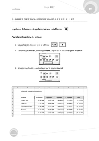 Excel 2007
Les bases 10
Fitzco
ALIGNER VERTICALEMENT DANS LES CELLULES
Le pointeur de la souris est représenté par une croix blanche
Pour aligner le contenu des cellules :
1. Vous allez sélectionner tout le tableau
2. Da s l’O glet Accueil, zone Alignement, cliquez sur le bouton Aligner au centre
3. Sélectionner les titres, puis cliquer sur le bouton Centré

 