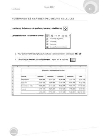 Excel 2007
Les bases 11
Fitzco
FUSIONNER ET CENTRER PLUSIEURS CELLULES
Le pointeur de la souris est représenté par une croix blanche
Utilisez le bouton Fusionner et centrer
1. Pour centrer le titre sur plusieurs cellules : sélectionnez les cellules de B2 à G2
2. Da s l’O glet Accueil, zone Alignement, cliquez sur le bouton
 