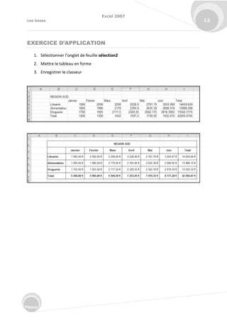 Excel 2007
Les bases 12
Fitzco
EXERCICE D’APPLICATION
1. S le tio e l’o glet de feuille sélection2
2. Mettre le tableau en forme
3. Enregistrer le classeur
 