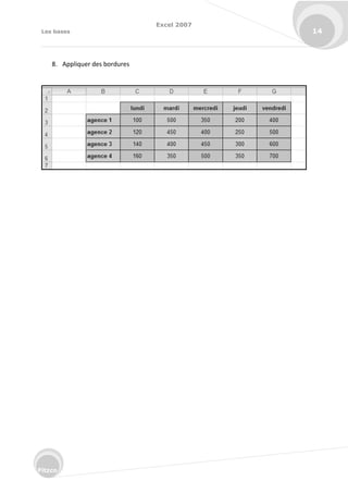 Excel 2007
Les bases 14
Fitzco
8. Appliquer des bordures
 