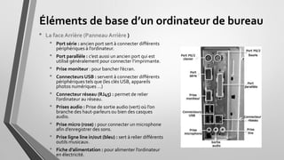 Éléments de base d’un ordinateur de bureau
• La face Arrière (PanneauArrière )
• Port série : ancien port sert à connecter différents
périphériques à l’ordinateur.
• Port parallèle : c’est aussi un ancien port qui est
utilisé généralement pour connecter l’imprimante.
• Prise moniteur : pour bancher l’écran.
• Connecteurs USB : servent à connecter différents
périphériques tels que (les clés USB, appareils
photos numériques …
• Connecteur réseau (RJ45) : permet de relier
l’ordinateur au réseau.
• Prises audio : Prise de sortie audio vert où l’on
branche des haut-parleurs ou bien des casques
audio.
• Prise micro (rose) : pour connecter un microphone
afin d’enregistrer des sons.
• Prise ligne line in/out (bleu) : sert à relier différents
outils musicaux.
• Fiche d’alimentation : pour alimenter l’ordinateur
en électricité.
 