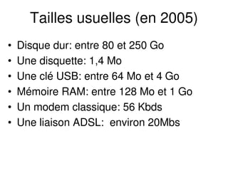 Tailles usuelles (en 2005)
• Disque dur: entre 80 et 250 Go
• Une disquette: 1,4 Mo
• Une clé USB: entre 64 Mo et 4 Go
• Mémoire RAM: entre 128 Mo et 1 Go
• Un modem classique: 56 Kbds
• Une liaison ADSL: environ 20Mbs
 