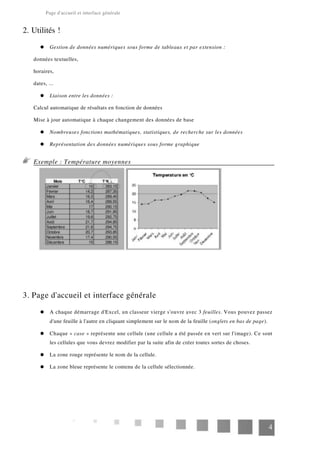 Page d'accueil et interface générale
2. Utilités !
Gestion de données numériques sous forme de tableaux et par extension :
données textuelles,
horaires,
dates, ...
Liaison entre les données :
Calcul automatique de résultats en fonction de données
Mise à jour automatique à chaque changement des données de base
Nombreuses fonctions mathématiques, statistiques, de recherche sur les données
Représentation des données numériques sous forme graphique
Exemple : Température moyennes
3. Page d'accueil et interface générale
A chaque démarrage d'Excel, un classeur vierge s'ouvre avec 3 feuilles. Vous pouvez passez
d'une feuille à l'autre en cliquant simplement sur le nom de la feuille (onglets en bas de page).
Chaque « case » représente une cellule (une cellule a été passée en vert sur l'image). Ce sont
les cellules que vous devrez modifier par la suite afin de créer toutes sortes de choses.
La zone rouge représente le nom de la cellule.
La zone bleue représente le contenu de la cellule sélectionnée.
4
 
