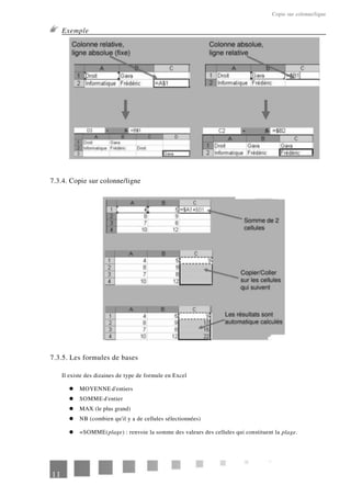 Copie sur colonne/ligne
Exemple
7.3.4. Copie sur colonne/ligne
7.3.5. Les formules de bases
Il existe des dizaines de type de formule en Excel
MOYENNE d'entiers
SOMME d'entier
MAX (le plus grand)
NB (combien qu'il y a de cellules sélectionnées)
=SOMME(plage) : renvoie la somme des valeurs des cellules qui constituent la plage.
11
 
