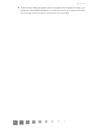 Que Faire Si !
J'utilise la même cellule pour plusieurs calculs, mais quand j'utilise la poignée de recopie, ça ne
marche pas : il faut FIGER LA CELLULE, c'est-à-dire qu'au lieu de saisir l'adresse de la cellule
dans la formule, on insère le signe $ : au lieu d'écrire C3, on écrit $C$3
15
 