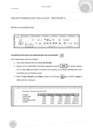 Excel 2007
Les bases 4
Fitzco
SÉLECTIONNER DES CELLULES : MÉTHODE 2
Mettre en caractère Gras
Le pointeur de la souris est représenté par une croix blanche
Pour sélectionner plusieurs cellules :
1. Vous allez sélectionner les cellules de C4 à G4
2. Cliquez sur la cellule C4 et maintenez appuyé la touche du clavier, cliquez
sur la cellule G4, puis lâcher le bouton et la touche. Les cellules sélectionnées sont
encadrées par une bordure noire.
3. Dans l’O glet Accueil, zone Police, cliquez sur le bouton pour mettre en gras le
texte comme ci-dessous
 