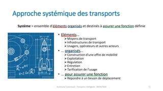 Approche systémique des transports
• Eléments…
Moyens de transport
Infrastructures de transport
Usagers, opérateurs et autres acteurs
• … organisés…
Construction d’une offre de mobilité
Exploitation
Régulation
Entretien
Tarification de l’usage
• … pour assurer une fonction
Répondre à un besoin de déplacement
Guillaume Costeseque - Transports intelligents - 09/03/2020 11
Système = ensemble d'éléments organisés et destinés à assurer une fonction définie
 