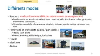 Différents modes
• Routier :
Modes actifs (et à assistance électrique) : marche, vélo, trottinette, roller, gyropodes,
mono-roue, skateboard…
Véhicules motorisés : deux roues motorisés, voitures, camionnettes, camions, bus,
cars…
• Ferroviaire et transports guidés / par câbles :
Trains, tram-trains
Métro, tramway, téléphérique, funiculaire
• Fluvial
• Maritime
• Aérien
Guillaume Costeseque - Transports intelligents - 09/03/2020 13
Composants Acteurs Enjeux
mode prédominant (80% des déplacements en voyageurs.km)
 