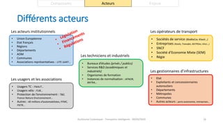 Différents acteurs
Guillaume Costeseque - Transports intelligents - 09/03/2020 16
Composants Acteurs Enjeux
• Union Européenne
• Etat français
• Régions
• Départements
• AOM
• Communes
• Associations représentatives : UTP, GART…
Les acteurs institutionnels
• Sociétés de service (BlaBlaCar, Klaxit…)
• Entreprises (Keolis, Transdev, RATPDev, Vinci…)
• SNCF
• Société d’Economie Mixte (SEM)
• Régie
Les opérateurs de transport
• Etat
• Exploitants et concessionnaires
autoroutiers
• Départements
• Métropoles
• Communes
• Autres acteurs : ports autonomes, entreprises…
Les gestionnaires d’infrastructures
• Bureaux d’études (privés / publics)
• Services R&D (académiques et
industriels)
• Organismes de formation
• Instances de normalisation : AFNOR,
BNTRA…
Les techniciens et industriels
• Usagers TC : FNAUT…
• Usagers vélo : FUB…
• Protection de l’environnement : T&E,
France Nature Environnement…
• Autres : 40 millions d’automobilistes, FFMC,
FNTR…
Les usagers et les associations
 