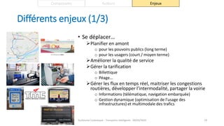Différents enjeux (1/3)
• Se déplacer…
Planifier en amont
o pour les pouvoirs publics (long terme)
o pour les usagers (court / moyen terme)
Améliorer la qualité de service
Gérer la tarification
o Billettique
o Péage…
Gérer les flux en temps réel, maitriser les congestions
routières, développer l’intermodalité, partager la voirie
o Informations (télématique, navigation embarquée)
o Gestion dynamique (optimisation de l’usage des
infrastructures) et multimodale des trafics
Guillaume Costeseque - Transports intelligents - 09/03/2020 19
Composants Acteurs Enjeux
 