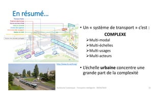 En résumé…
• Un « système de transport » c’est :
COMPLEXE
Multi-modal
Multi-échelles
Multi-usages
Multi-acteurs
• L’échelle urbaine concentre une
grande part de la complexité
Guillaume Costeseque - Transports intelligents - 09/03/2020 22
http://www.its-actif.org/
 