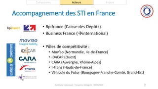 Accompagnement des STI en France
• Bpifrance (Caisse des Dépôts)
• Business France (international)
• Pôles de compétitivité :
• Mov’eo (Normandie, Ile-de-France)
• iD4CAR (Ouest)
• CARA (Auvergne, Rhône-Alpes)
• I-Trans (Hauts-de-France)
• Véhicule du Futur (Bourgogne-Franche-Comté, Grand-Est)
Guillaume Costeseque - Transports intelligents - 09/03/2020 27
Composants Acteurs Enjeux
 