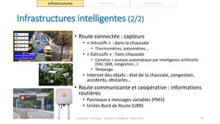 Infrastructures intelligentes (2/2)
• Route connectée : capteurs
• « Intrusifs » : dans la chaussée
• Thermomètres, piézomètres…
• « Extrusifs » : hors chaussée
• Caméras + analyse automatique par intelligence artificielle
(DAI, DAB, congestion…)
• Télépéage
• Internet des objets : état de la chaussée, congestion,
accidents, obstacles…
• Route communicante et coopérative : informations
routières
• Panneaux à messages variables (PMV)
• Unités Bord de Route (UBR)
Guillaume Costeseque - Transports intelligents - 09/03/2020 39
Infrastructures Véhicules Protocoles
 