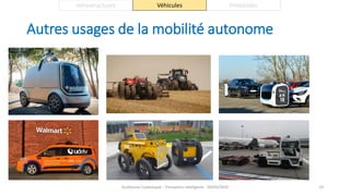 Autres usages de la mobilité autonome
Guillaume Costeseque - Transports intelligents - 09/03/2020 53
Infrastructures Véhicules Protocoles
 