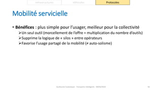 Mobilité servicielle
• Bénéfices : plus simple pour l’usager, meilleur pour la collectivité
Un seul outil (morcellement de l’offre = multiplication du nombre d’outils)
Supprime la logique de « silos » entre opérateurs
Favorise l’usage partagé de la mobilité (≠ auto-solisme)
Guillaume Costeseque - Transports intelligents - 09/03/2020 56
Infrastructures Véhicules Protocoles
 