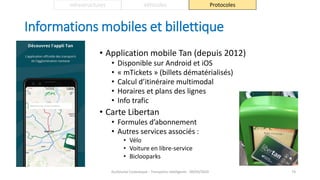 Informations mobiles et billettique
• Application mobile Tan (depuis 2012)
• Disponible sur Android et iOS
• « mTickets » (billets dématérialisés)
• Calcul d’itinéraire multimodal
• Horaires et plans des lignes
• Info trafic
• Carte Libertan
• Formules d’abonnement
• Autres services associés :
• Vélo
• Voiture en libre-service
• Biclooparks
Guillaume Costeseque - Transports intelligents - 09/03/2020 74
Infrastructures Véhicules Protocoles
 