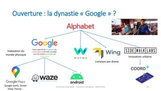 Ouverture : la dynastie « Google » ?
Guillaume Costeseque - Transports intelligents - 09/03/2020 83Google Earth, Street
View, Transit…
Livraison par drone
Innovation urbaine
Indexation du
monde physique
 