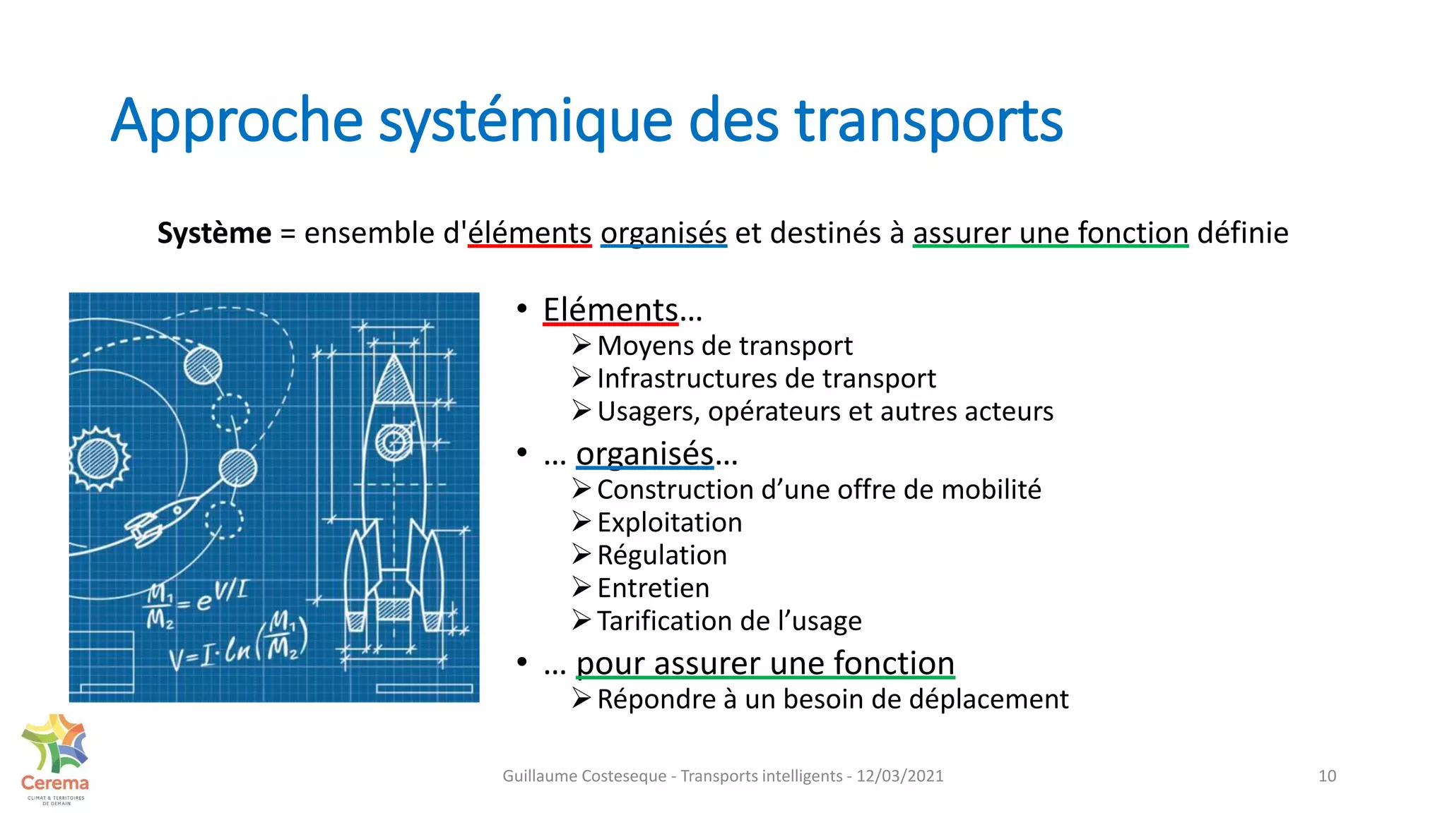 Approche systémique des transports
• Eléments…
Moyens de transport
Infrastructures de transport
Usagers, opérateurs et autres acteurs
• … organisés…
Construction d’une offre de mobilité
Exploitation
Régulation
Entretien
Tarification de l’usage
• … pour assurer une fonction
Répondre à un besoin de déplacement
10
Système = ensemble d'éléments organisés et destinés à assurer une fonction définie
Guillaume Costeseque - Transports intelligents - 12/03/2021
 