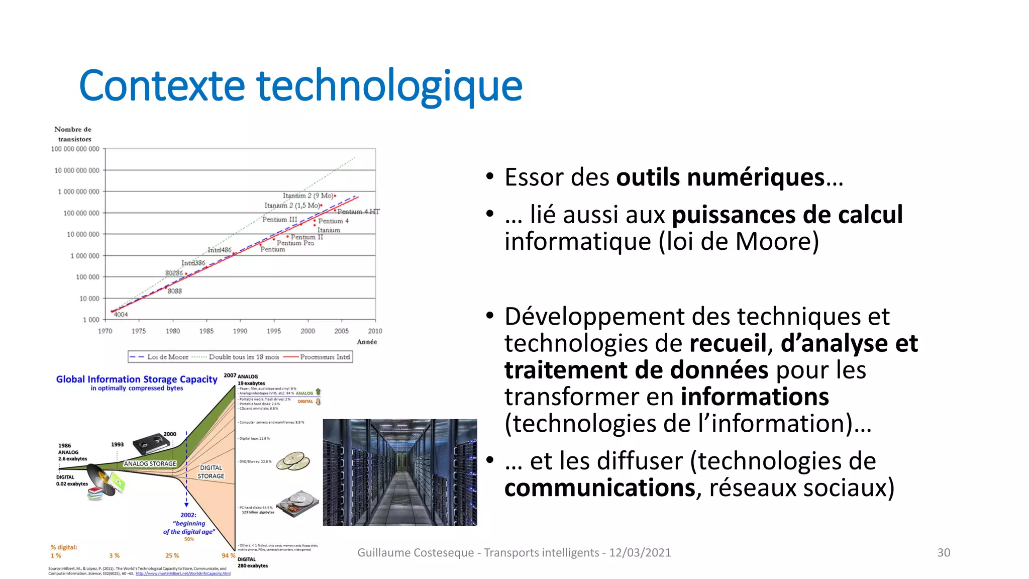 Contexte technologique
• Essor des outils numériques…
• … lié aussi aux puissances de calcul
informatique (loi de Moore)
• Développement des techniques et
technologies de recueil, d’analyse et
traitement de données pour les
transformer en informations
(technologies de l’information)…
• … et les diffuser (technologies de
communications, réseaux sociaux)
30
Guillaume Costeseque - Transports intelligents - 12/03/2021
 