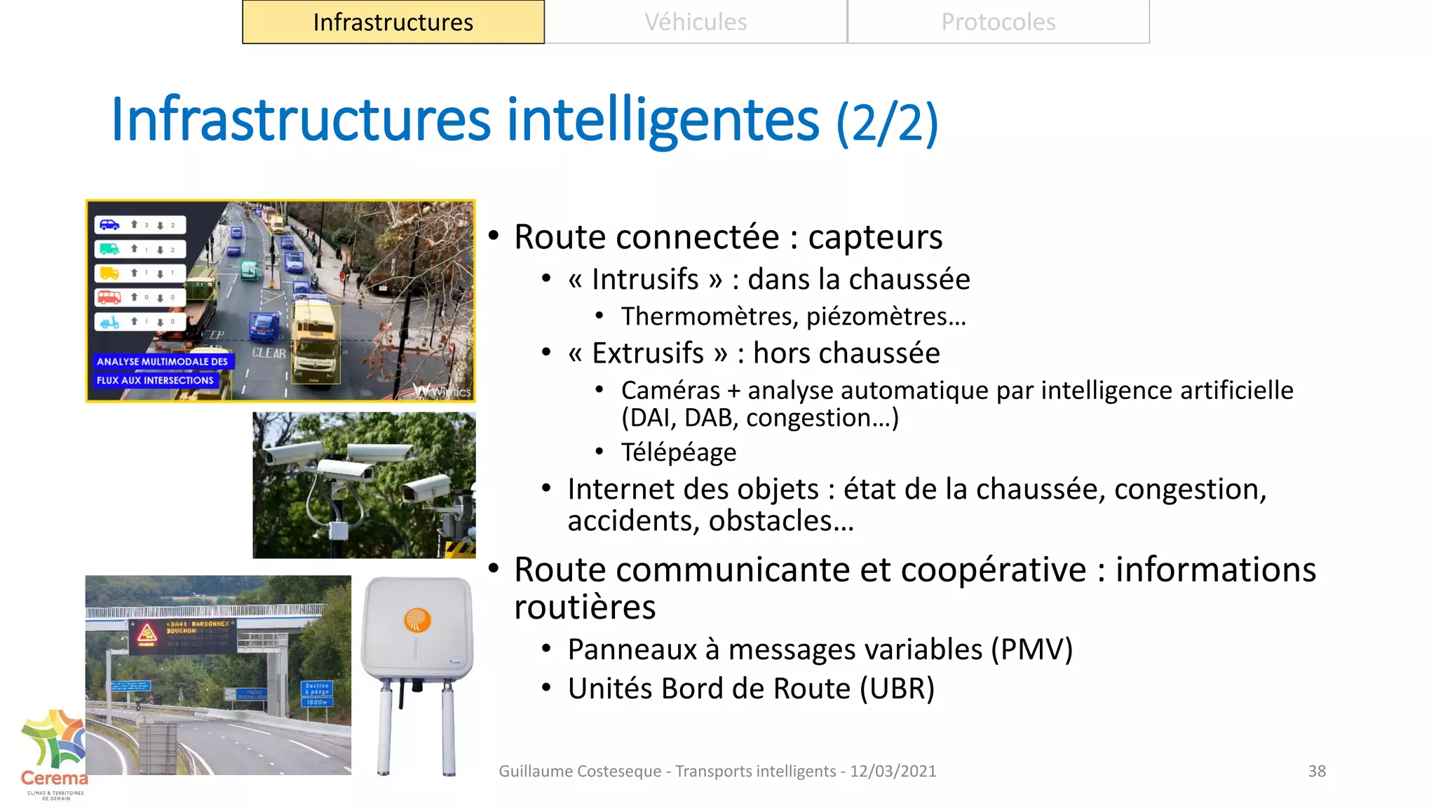 Infrastructures intelligentes (2/2)
• Route connectée : capteurs
• « Intrusifs » : dans la chaussée
• Thermomètres, piézomètres…
• « Extrusifs » : hors chaussée
• Caméras + analyse automatique par intelligence artificielle
(DAI, DAB, congestion…)
• Télépéage
• Internet des objets : état de la chaussée, congestion,
accidents, obstacles…
• Route communicante et coopérative : informations
routières
• Panneaux à messages variables (PMV)
• Unités Bord de Route (UBR)
38
Infrastructures Véhicules Protocoles
Guillaume Costeseque - Transports intelligents - 12/03/2021
 