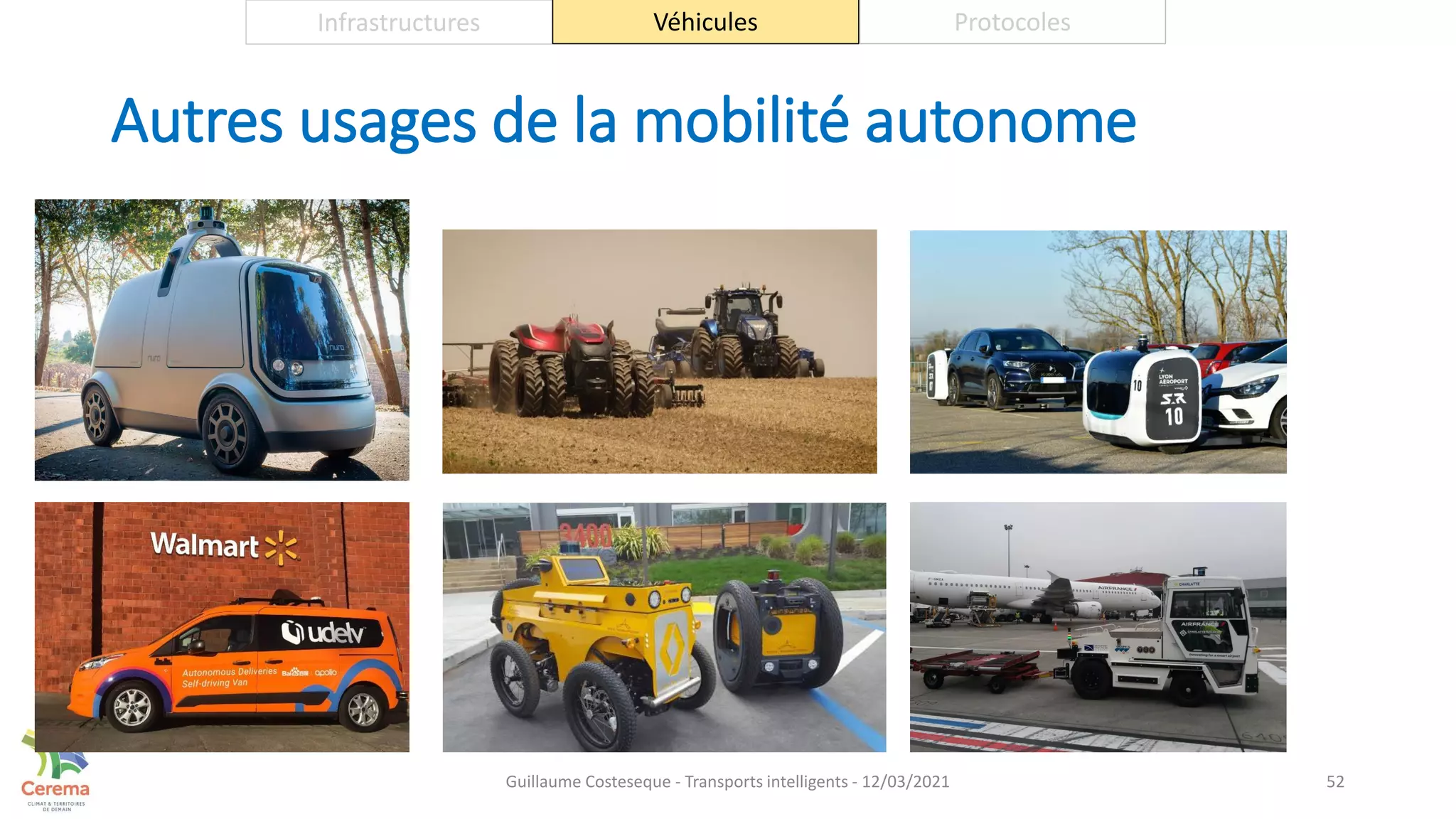 Autres usages de la mobilité autonome
52
Infrastructures Véhicules Protocoles
Guillaume Costeseque - Transports intelligents - 12/03/2021
 
