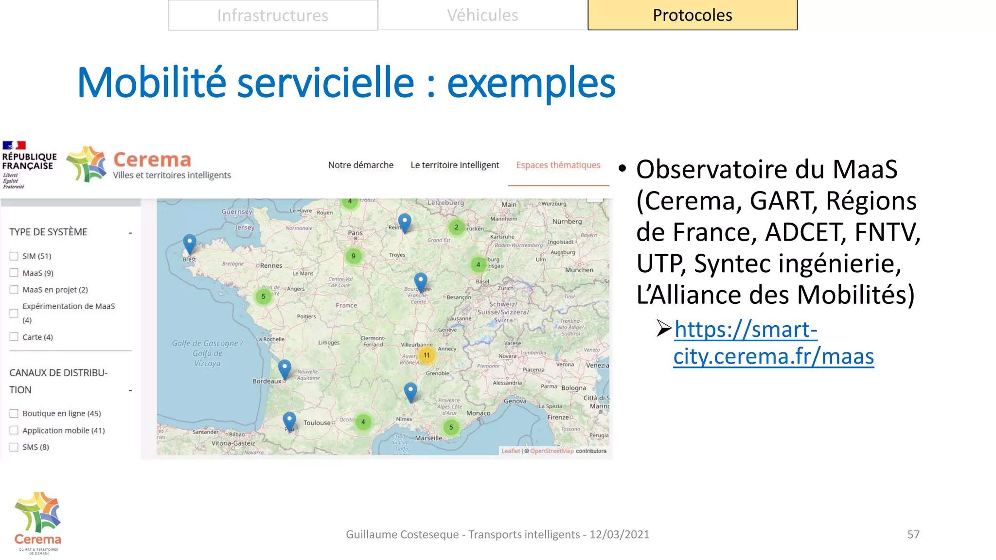 Mobilité servicielle : exemples
• Observatoire du MaaS
(Cerema, GART, Régions
de France, ADCET, FNTV,
UTP, Syntec ingénierie,
L’Alliance des Mobilités)
https://smart-
city.cerema.fr/maas
57
Infrastructures Véhicules Protocoles
Guillaume Costeseque - Transports intelligents - 12/03/2021
 