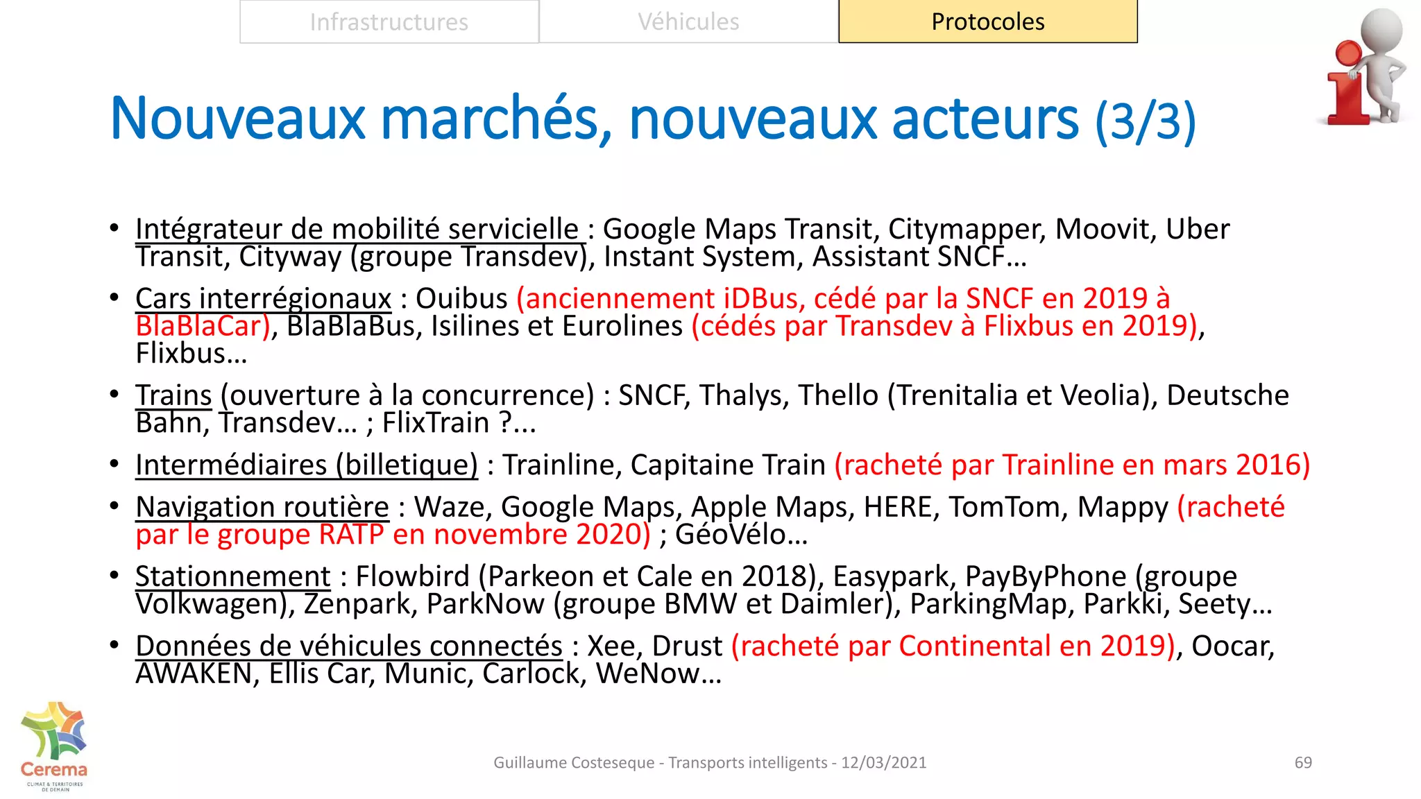 Nouveaux marchés, nouveaux acteurs (3/3)
• Intégrateur de mobilité servicielle : Google Maps Transit, Citymapper, Moovit, Uber
Transit, Cityway (groupe Transdev), Instant System, Assistant SNCF…
• Cars interrégionaux : Ouibus (anciennement iDBus, cédé par la SNCF en 2019 à
BlaBlaCar), BlaBlaBus, Isilines et Eurolines (cédés par Transdev à Flixbus en 2019),
Flixbus…
• Trains (ouverture à la concurrence) : SNCF, Thalys, Thello (Trenitalia et Veolia), Deutsche
Bahn, Transdev… ; FlixTrain ?...
• Intermédiaires (billetique) : Trainline, Capitaine Train (racheté par Trainline en mars 2016)
• Navigation routière : Waze, Google Maps, Apple Maps, HERE, TomTom, Mappy (racheté
par le groupe RATP en novembre 2020) ; GéoVélo…
• Stationnement : Flowbird (Parkeon et Cale en 2018), Easypark, PayByPhone (groupe
Volkwagen), Zenpark, ParkNow (groupe BMW et Daimler), ParkingMap, Parkki, Seety…
• Données de véhicules connectés : Xee, Drust (racheté par Continental en 2019), Oocar,
AWAKEN, Ellis Car, Munic, Carlock, WeNow…
69
Infrastructures Véhicules Protocoles
Guillaume Costeseque - Transports intelligents - 12/03/2021
 