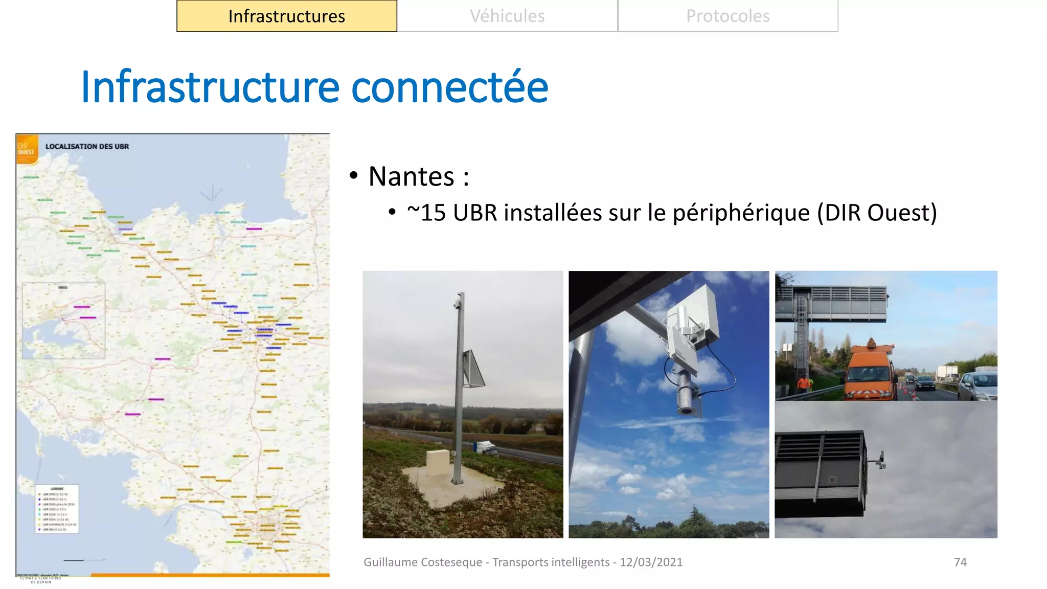 Infrastructure connectée
• Nantes :
• ~15 UBR installées sur le périphérique (DIR Ouest)
74
Infrastructures Véhicules Protocoles
Guillaume Costeseque - Transports intelligents - 12/03/2021
 