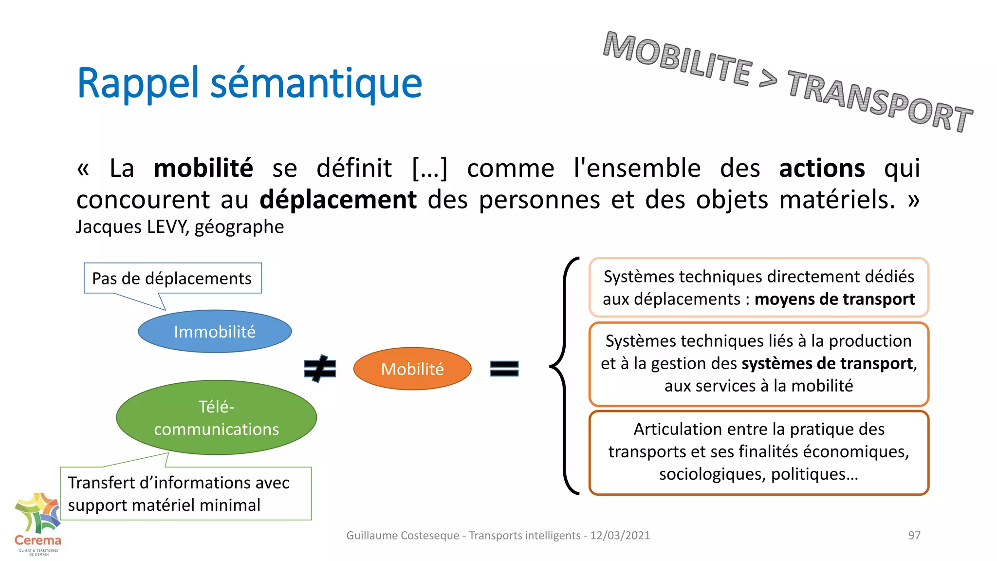 « La mobilité se définit […] comme l'ensemble des actions qui
concourent au déplacement des personnes et des objets matériels. »
Jacques LEVY, géographe
Rappel sémantique
97
Mobilité
Immobilité
Systèmes techniques directement dédiés
aux déplacements : moyens de transport
Systèmes techniques liés à la production
et à la gestion des systèmes de transport,
aux services à la mobilité
Télé-
communications Articulation entre la pratique des
transports et ses finalités économiques,
sociologiques, politiques…
Pas de déplacements
Transfert d’informations avec
support matériel minimal
Guillaume Costeseque - Transports intelligents - 12/03/2021
 