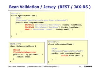 Bean Validation / Jersey (REST / JAX-RS )
@Path("/")
class MyResourceClass {
@POST
@Consumes("application/x-www-form-urlen...