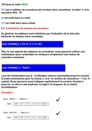 120 dans le code ASCII.

"x" est un tableau de caractères qui contient deux caractères: la lettre 'x' et le
caractère NUL: '0'

'x' est codé dans un octet

"x" est codé dans deux octets

8.3. Initialisation de chaînes de caractères

En général, les tableaux sont initialisés par l'indication de la liste des
éléments du tableau entre accolades:


char CHAINE[ ] = {'H','e','l','l','o','0'};


Pour le cas spécial des tableaux de caractères, nous pouvons utiliser une
initialisation plus confortable en indiquant simplement une chaîne de
caractère constante:



char CHAINE[ ] = "Hello";


Lors de l'initialisation par [] , l'ordinateur réserve automatiquement le nombre
d'octets nécessaires pour la chaîne, c.-à-d.: le nombre de caractères + 1 (ici: 6
octets). Nous pouvons aussi indiquer explicitement le nombre d'octets à
réserver, si celui-ci est supérieur ou égal à la longueur de la chaîne
d'initialisation.

Exemples :
 