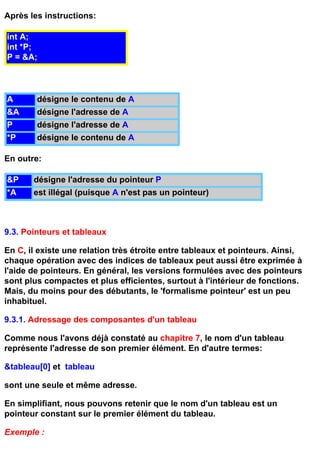 Après les instructions:

int A;
int *P;
P = &A;



A       désigne le contenu de A
&A      désigne l'adresse de A
P       désigne l'adresse de A
*P      désigne le contenu de A

En outre:

&P     désigne l'adresse du pointeur P
*A     est illégal (puisque A n'est pas un pointeur)



9.3. Pointeurs et tableaux

En C, il existe une relation très étroite entre tableaux et pointeurs. Ainsi,
chaque opération avec des indices de tableaux peut aussi être exprimée à
l'aide de pointeurs. En général, les versions formulées avec des pointeurs
sont plus compactes et plus efficientes, surtout à l'intérieur de fonctions.
Mais, du moins pour des débutants, le 'formalisme pointeur' est un peu
inhabituel.

9.3.1. Adressage des composantes d'un tableau

Comme nous l'avons déjà constaté au chapitre 7, le nom d'un tableau
représente l'adresse de son premier élément. En d'autre termes:

&tableau[0] et tableau

sont une seule et même adresse.

En simplifiant, nous pouvons retenir que le nom d'un tableau est un
pointeur constant sur le premier élément du tableau.

Exemple :
 