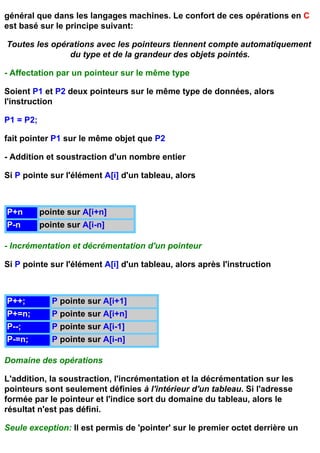 général que dans les langages machines. Le confort de ces opérations en C
est basé sur le principe suivant:

Toutes les opérations avec les pointeurs tiennent compte automatiquement
               du type et de la grandeur des objets pointés.

- Affectation par un pointeur sur le même type

Soient P1 et P2 deux pointeurs sur le même type de données, alors
l'instruction

P1 = P2;

fait pointer P1 sur le même objet que P2

- Addition et soustraction d'un nombre entier

Si P pointe sur l'élément A[i] d'un tableau, alors



P+n        pointe sur A[i+n]
P-n        pointe sur A[i-n]

- Incrémentation et décrémentation d'un pointeur

Si P pointe sur l'élément A[i] d'un tableau, alors après l'instruction



P++;          P pointe sur A[i+1]
P+=n;         P pointe sur A[i+n]
P--;          P pointe sur A[i-1]
P-=n;         P pointe sur A[i-n]

Domaine des opérations

L'addition, la soustraction, l'incrémentation et la décrémentation sur les
pointeurs sont seulement définies à l'intérieur d'un tableau. Si l'adresse
formée par le pointeur et l'indice sort du domaine du tableau, alors le
résultat n'est pas défini.

Seule exception: Il est permis de 'pointer' sur le premier octet derrière un
 