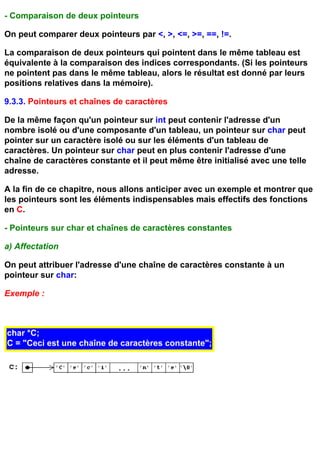 - Comparaison de deux pointeurs

On peut comparer deux pointeurs par <, >, <=, >=, ==, !=.

La comparaison de deux pointeurs qui pointent dans le même tableau est
équivalente à la comparaison des indices correspondants. (Si les pointeurs
ne pointent pas dans le même tableau, alors le résultat est donné par leurs
positions relatives dans la mémoire).

9.3.3. Pointeurs et chaînes de caractères

De la même façon qu'un pointeur sur int peut contenir l'adresse d'un
nombre isolé ou d'une composante d'un tableau, un pointeur sur char peut
pointer sur un caractère isolé ou sur les éléments d'un tableau de
caractères. Un pointeur sur char peut en plus contenir l'adresse d'une
chaîne de caractères constante et il peut même être initialisé avec une telle
adresse.

A la fin de ce chapitre, nous allons anticiper avec un exemple et montrer que
les pointeurs sont les éléments indispensables mais effectifs des fonctions
en C.

- Pointeurs sur char et chaînes de caractères constantes

a) Affectation

On peut attribuer l'adresse d'une chaîne de caractères constante à un
pointeur sur char:

Exemple :



char *C;
C = "Ceci est une chaîne de caractères constante";
 