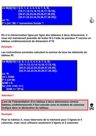 int M[4][10] = {{ 0, 1, 2, 3, 4, 5, 6, 7, 8, 9},
                {10,11,12,13,14,15,16,17,18,19},
                {20,21,22,23,24,25,26,27,28,29},
                {30,31,32,33,34,35,36,37,38,39}};
int *P;
P = (int *)M; /* conversion forcée */



Dû à la mémorisation ligne par ligne des tableaux à deux dimensions, il
nous est maintenant possible de traiter M à l'aide du pointeur P comme un
tableau unidimensionnel de dimension 4*10.

Exemple :

Les instructions suivantes calculent la somme de tous les éléments du
tableau M:

int M[4][10] = {{ 0, 1, 2, 3, 4, 5, 6, 7, 8, 9},
                {10,11,12,13,14,15,16,17,18,19},
                {20,21,22,23,24,25,26,27,28,29},
                {30,31,32,33,34,35,36,37,38,39}};
int *P;
int I, SOM;
P = (int*)M;
SOM = 0;
for (I=0; I<40; I++)
     SOM += *(P+I);

Attention !

Lors de l'interprétation d'un tableau à deux dimensions comme
tableau unidimensionnel il faut calculer avec le nombre de colonnes
indiqué dans la déclaration du tableau.

Exemple :

Pour la matrice A, nous réservons de la mémoire pour 3 lignes et 4
colonnes, mais nous utilisons seulement 2 lignes et 2 colonnes:
 