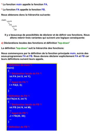 * La fonction main appelle la fonction FA.

* La fonction FA appelle la fonction FB.

Nous obtenons donc la hiérarchie suivante:




   Il y a beaucoup de possibilités de déclarer et de définir ces fonctions. Nous
         allons retenir trois variantes qui suivent une logique conséquente:

a) Déclarations locales des fonctions et définition 'top-down'

La définition 'top-down' suit la hiérarchie des fonctions:

Nous commençons par la définition de la fonction principale main, suivie des
sous-programmes FA et FB. Nous devons déclarer explicitement FA et FB car
leurs définitions suivent leurs appels.

     /* Définition de main */
     main()
       {
         /* Déclaration locale de FA */
         int FA (int X, int Y);
         ...
         /* Appel de FA */
         I = FA(2, 3);
         ...
       }

     /* Définition de FA */
     int FA(int X, int Y)
       {
         /* Déclaration locale de FB */
         int FB (int N, int M);
         ...
         /* Appel de FB */
         J = FB(20, 30);
         ...
       }

     /* Définition de FB */
 