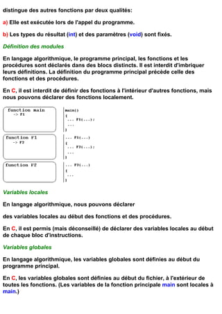 distingue des autres fonctions par deux qualités:

a) Elle est exécutée lors de l'appel du programme.

b) Les types du résultat (int) et des paramètres (void) sont fixés.

Définition des modules

En langage algorithmique, le programme principal, les fonctions et les
procédures sont déclarés dans des blocs distincts. Il est interdit d'imbriquer
leurs définitions. La définition du programme principal précède celle des
fonctions et des procédures.

En C, il est interdit de définir des fonctions à l'intérieur d'autres fonctions, mais
nous pouvons déclarer des fonctions localement.




Variables locales

En langage algorithmique, nous pouvons déclarer

des variables locales au début des fonctions et des procédures.

En C, il est permis (mais déconseillé) de déclarer des variables locales au début
de chaque bloc d'instructions.

Variables globales

En langage algorithmique, les variables globales sont définies au début du
programme principal.

En C, les variables globales sont définies au début du fichier, à l'extérieur de
toutes les fonctions. (Les variables de la fonction principale main sont locales à
main.)
 