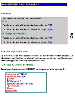 MAX = (A[0]>A[1]) ? A[0] : A[1]; A[4] *= 2;



Attention !

Considérons un tableau T de dimension N :
En C,

- l'accès au premier élément du tableau se fait par T[0]

- l'accès au dernier élément du tableau se fait par T[N-1]

En langage algorithmique,

- l'accès au premier élément du tableau se fait par T[1]

- l'accès au dernier élément du tableau se fait par T[N]



7.1.4. Affichage et affectation

La structure for se prête particulièrement bien au travail avec les tableaux. La
plupart des applications se laissent implémenter par simple modification des
exemples-types de l'affichage et de l'affectation.

- Affichage du contenu d'un tableau

Traduisons le programme AFFICHER du langage algorithmique en C:

     programme AFFICHER
       | entier tableau A[5]
       | entier
       I (* Compteur *)
       | pour I variant de 1 à 5 faire
         | écrire A[I]
       | fpour
     fprogramme
 